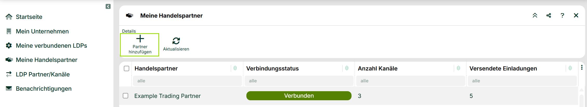 User interface displaying partner management options and trading partner details.